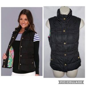 Womens Lilly Pulitzer Kate Puffer Vest Black Sleeveless Zip Snap Pockets Size XS